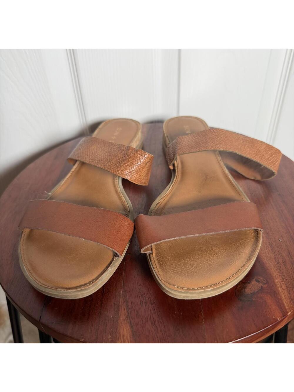 Brown Leather Flat Slide Sandals Open Toe Cork Trim Casual Summer Beach Bohemian